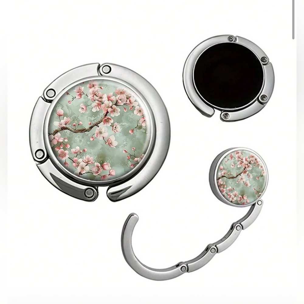 Pink Cherry Blossoms with Green Background Foldable Metal Handbag Holder/Hook.